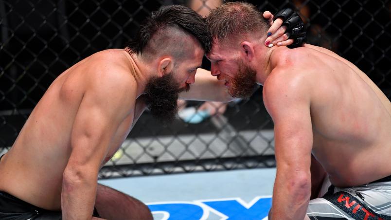 Bryan Barberena (L) and Jason Witt (R) react after their welterweight fight at UFC Fight Night: Hall vs Strickland in Las Vegas, Nevada on July 31, 2021. (Photo by Chris Unger/Zuffa LLC)