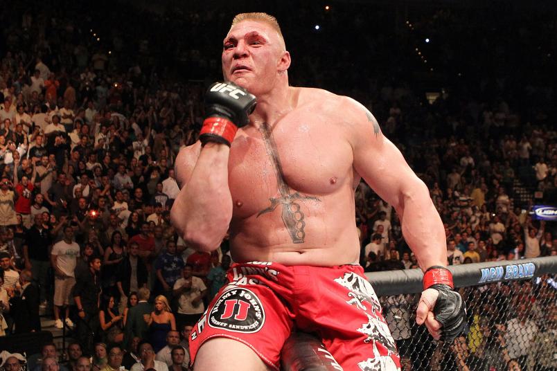 Brock Lesnar reacts after his second round submission victory against Shane Carwin to win the UFC Heavyweight Championship Unification bout at the MGM Grand Garden Arena on July 3, 2010 in Las Vegas, Nevada. (Photo by Josh Hedges/Zuffa LLC)