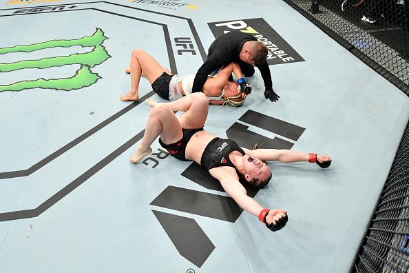 Aspen Ladd celebrates her TKO victory over Yana Kunitskaya of Russia in their women's bantamweight bout during the UFC Fight Night event at Capital One Arena on December 07, 2019 in Washington, DC. (Photo by Jeff Bottari/Zuffa LLC)