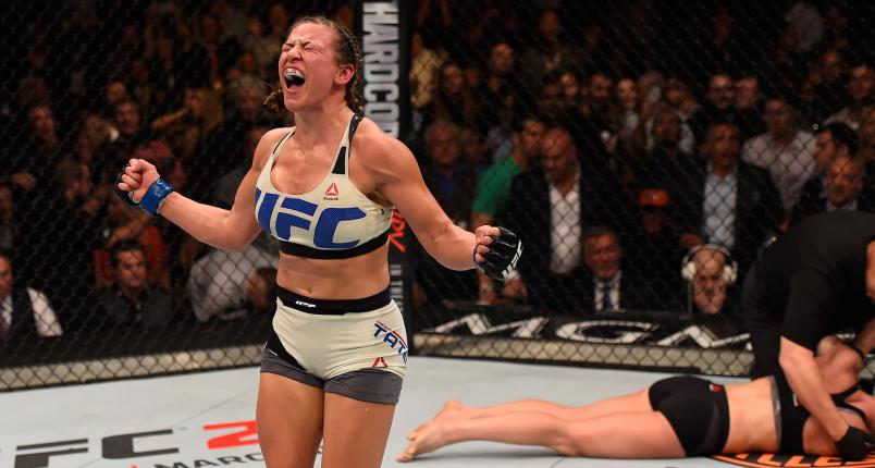 Miesha Tate reacts after her submission victory over Holly Holm in their UFC women's bantamweight championship bout during the UFC 196 event inside MGM Grand Garden Arena on March 5, 2016 in Las Vegas, Nevada. (Photo by Josh Hedges/Zuffa LLC/Zuffa LLC via Getty Images)