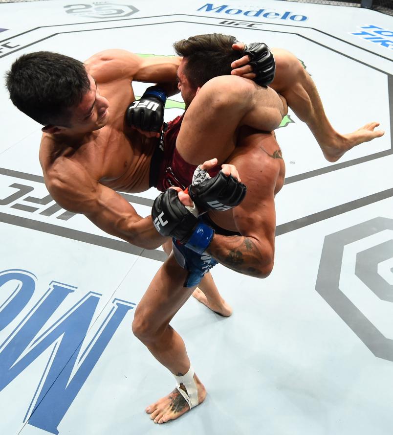 Kyung Ho Kang of South Korea attempts to submit Guido Cannetti of Argentina in their bantamweight bout during the UFC Fight Night event inside the Scottrade Center on January 14 2018 in St. Louis Missouri. (Photo by Josh Hedges/Zuffa LLCs)