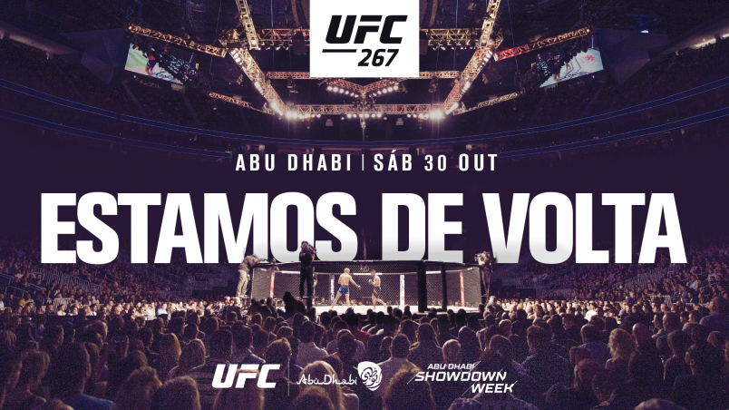 Arte de anúncio do UFC 267 em Abu Dhabi com o texto "Estamos de volta"