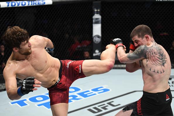 Andrew Sanchez kicks Marc-Andre Barriault of Canada in their middleweight bout during the UFC Fight Night event at Canadian Tire Centre on May 4, 2019 in Ottawa, Ontario, Canada. (Photo by Jeff Bottari/Zuffa LLC)