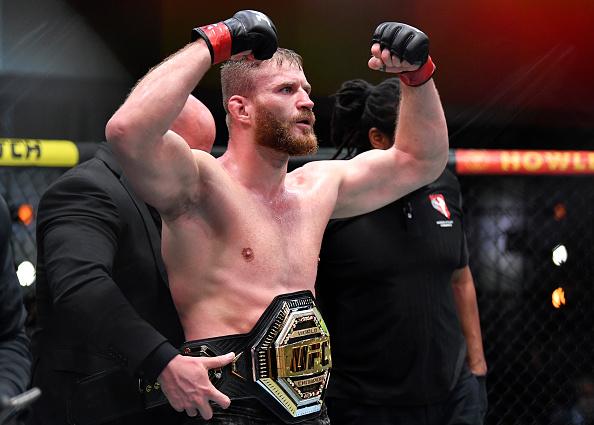 Jan Blachowicz of Poland celebrates after his victory over Israel Adesanya of Nigeria in their UFC light heavyweight championship fight during the UFC 259 event at UFC APEX on March 06 2021 in Las Vegas Nevada. (Photo by Chris Unger/Zuffa LLC)