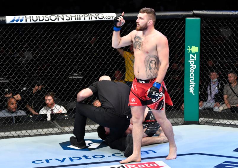 Michal Oleksiejczuk of Poland reacts after his knockout victory over Shamil Gamzatov of Russia in a light heavyweight fight during the UFC 267 event at Etihad Arena on October 30, 2021 in Yas Island, Abu Dhabi, United Arab Emirates. (Photo by Chris Unger/Zuffa LLC)