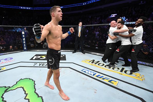 Al Iaquinta celebrates his victory over Kevin Lee in their lightweight bout during the UFC Fight Night event at Fiserv Forum on December 15, 2018 in Milwaukee, Wisconsin. (Photo by Jeff Bottari/Zuffa LLC)