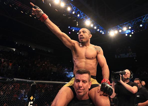 Jose Aldo of Brazil celebrates after his knockout victory over Renato Moicano of Brazil in their featherweight fight during the UFC Fight Night event at CFO Centro de Formacao Olimpica on February 2, 2019 in Fortaleza, Brazil. (Photo by Buda Mendes/Zuffa LLC)