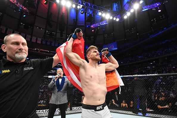 Edmen Shahbazyan celebrates his KO victory over Brad Tavares in their middleweight bout during the UFC 244 event at Madison Square Garden on November 02, 2019 in New York City. (Photo by Josh Hedges/Zuffa LLC)