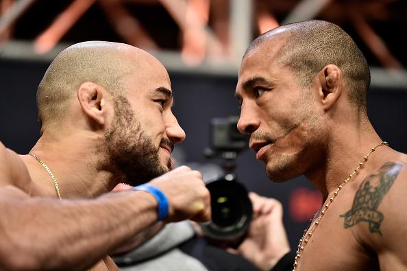 Marlon Moraes of Brazil and Jose Aldo of Brazil face off during the UFC 245 Weigh-Ins at T-Mobile Arena on December 13, 2019 in Las Vegas, Nevada. (Photo by Chris Unger/Zuffa LLC)