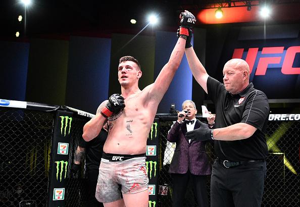 Brendan Allen reacts after his victory over Kyle Daukaus in their middleweight fight during the UFC Fight Night event at UFC APEX on June 27, 2020 in Las Vegas, Nevada. (Photo by Chris Unger/Zuffa LLC)