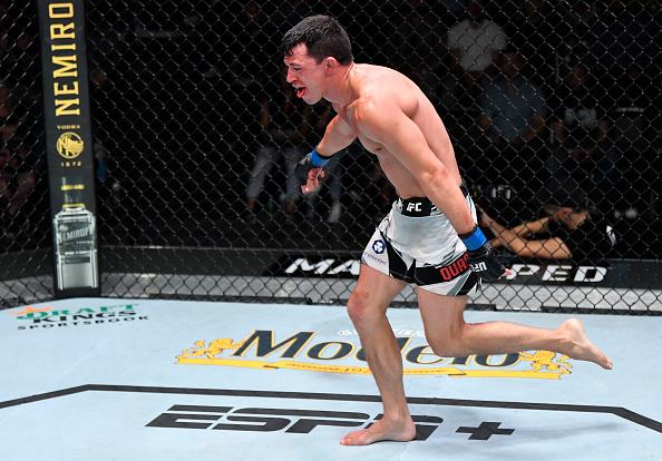 Billy Quarantillo reacts after his victory over Gabriel Benitez of Mexico in their featherweight bout during the UFC Fight Night event at UFC APEX on July 17, 2021 in Las Vegas, Nevada. (Photo by Jeff Bottari/Zuffa LLC)