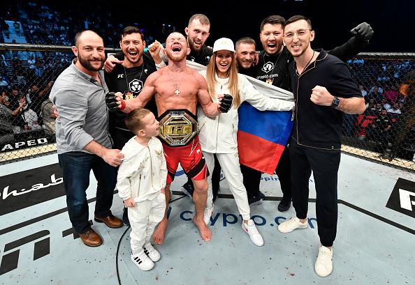 Petr Yan of Russia celebrates after his victory over Cory Sandhagen in the UFC interim bantamweight championship fight during the UFC 267 event at Etihad Arena on October 30, 2021 in Yas Island, Abu Dhabi, United Arab Emirates. (Photo by Chris Unger/Zuffa LLC)