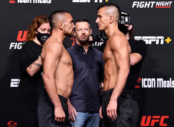 Opponents Rafa Garcia of Mexico and Nathan Levy face off during the UFC Fight Night weigh-in at UFC APEX on November 19, 2021 in Las Vegas, Nevada. (Photo by Chris Unger/Zuffa LLC)