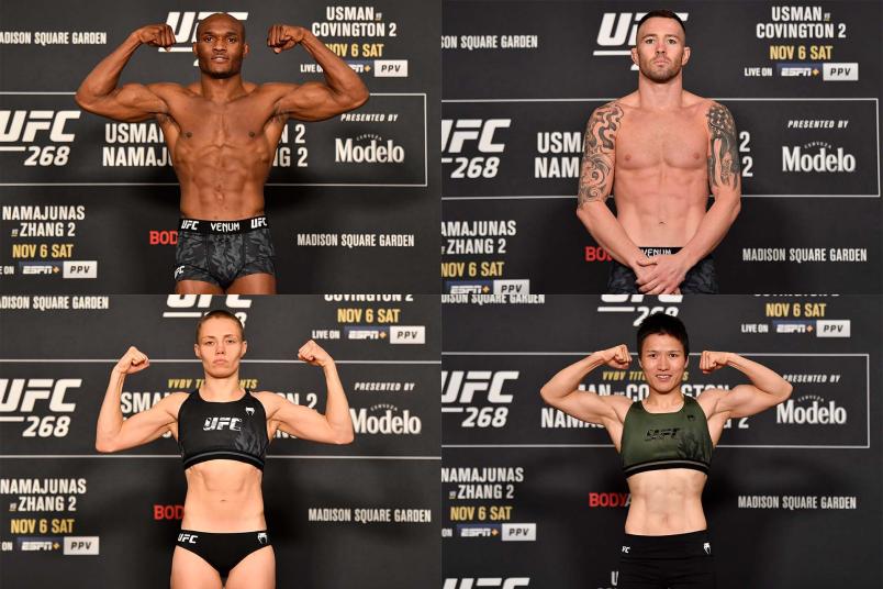 Colagem de fotos de Kamaru Usman, Colby Covington, Rose Namajunas e Zhang Weili na pesagem do UFC 268