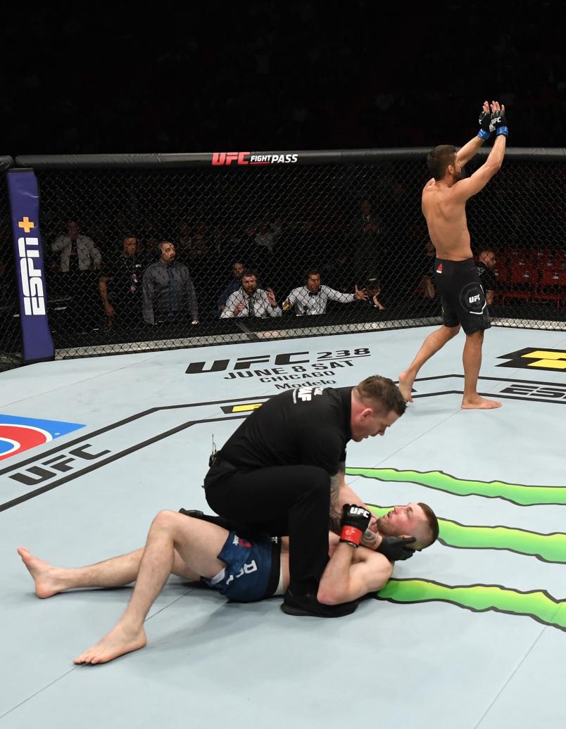 Leonardo Santos of Brazil celebrates his KO victory over Stevie Ray of Scotland in their lightweight bout during the UFC Fight Night event at Ericsson Globe on June 1, 2019 in Stockholm, Sweden. (Photo by Jeff Bottari/Zuffa LLC)