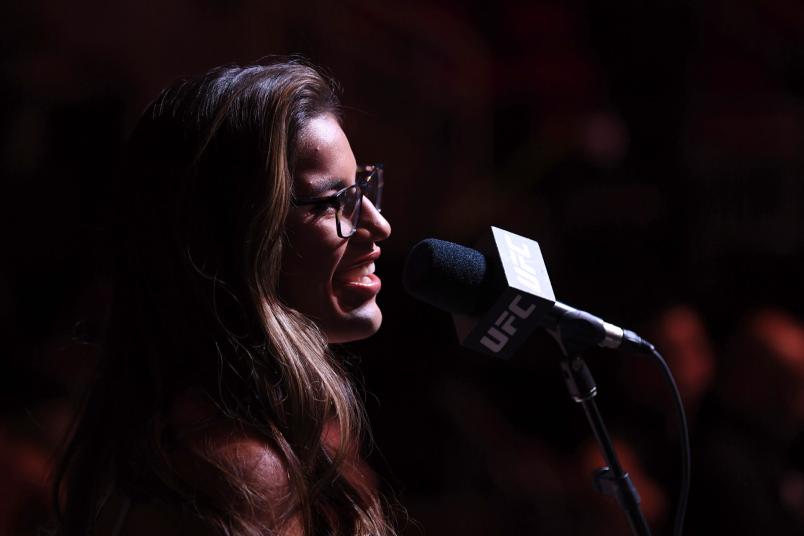 Women's bantamweight contender Julianna Pena asks a question during the UFC 265 press conference at at Toyota Center on August 05, 2021 in Houston, Texas. (Photo by Josh Hedges/Zuffa LLC)