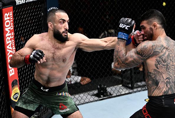 Belal Muhammad punches Lyman Good in their welterweight bout during the UFC Fight Night event at UFC APEX on June 20, 2020 in Las Vegas, Nevada. (Photo by Chris Unger/Zuffa LLC)