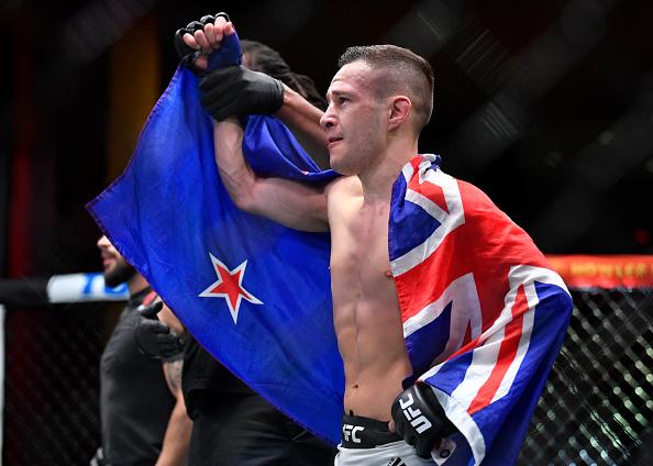 Kai Kara-France of New Zealand reacts after his knockout victory over Rogerio Bontorin of Brazil in their flyweight fight during the UFC 259 event at UFC APEX on March 06, 2021 in Las Vegas, Nevada. (Photo by Chris Unger/Zuffa LLC)