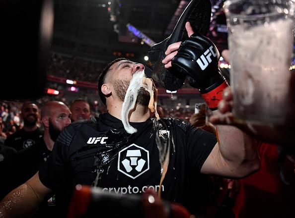 Tai Tuivasa of Australia reacts after knocking out Greg Hardy in their heavyweight fight during the UFC 264 event at T-Mobile Arena on July 10, 2021 in Las Vegas, Nevada. (Photo by Chris Unger/Zuffa LLC)