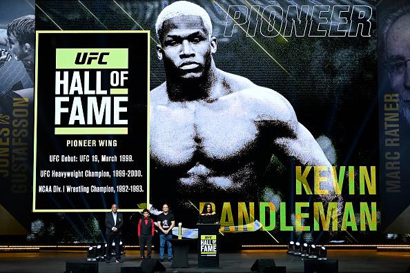 Elizabeth Randleman, widow of Kevin Randleman, speaks as her late husband is posthumously inducted into the UFC Hall of Fame during the UFC Hall of Fame Class of 2020 Induction Ceremony at Park Theater at Park MGM on September 23, 2021 in Las Vegas, Nevada. (Photo by Jeff Bottari/Zuffa LLC)