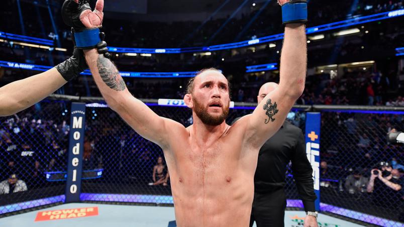 Victor Henry celebrates after his unanimous decision victory over Raoni Barcelos of Brazil in their bantamweight fight during the UFC 270 event at Honda Center on January 22, 2022 in Anaheim, California. (Photo by Chris Unger/Zuffa LLC)