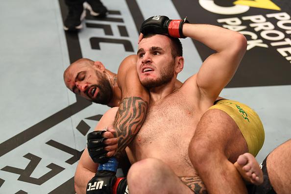 Danilo Marques of Brazil attempts to submit Khadis Ibragimov of Russia in their light heavyweight bout during UFC 253 inside Flash Forum on UFC Fight Island on September 27, 2020 in Abu Dhabi, United Arab Emirates. (Photo by Josh Hedges/Zuffa LLC)