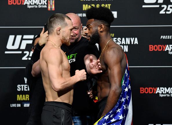 Opponents Petr Yan of Russia and Aljamain Sterling face off during the UFC 259 weigh-in at UFC APEX on March 05, 2021 in Las Vegas, Nevada. (Photo by Jeff Bottari/Zuffa LLC)