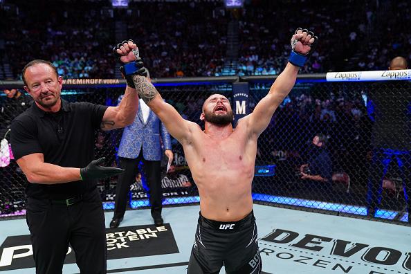 Rogerio Bontorin of Brazil reacts after defeating Matt Schnell in their bantamweight bout during the UFC 262 event at Toyota Center on May 15, 2021 in Houston, Texas. (Photo by Josh Hedges/Zuffa LLC)