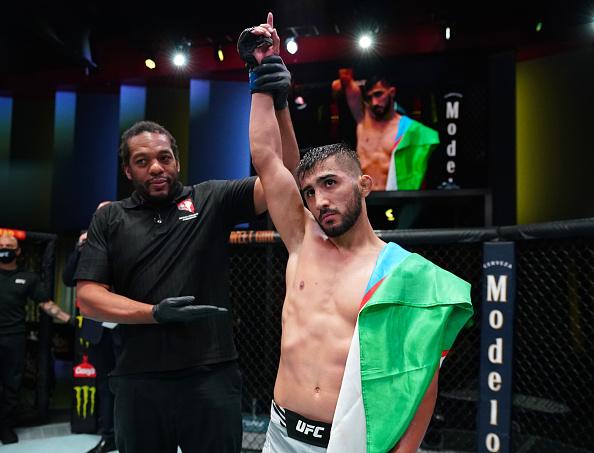 Saidyokub Kakhramonov of Uzbekistan reacts after his submission victory over Trevin Jones of Guam in a bantamweight fight during the UFC Fight Night event at UFC APEX on August 21, 2021 in Las Vegas, Nevada. (Photo by Chris Unger/Zuffa LLC)
