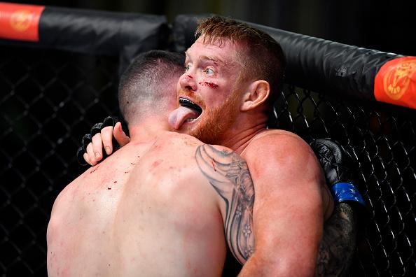 Sam Alvey battles Wellington Turman of Brazil in a middleweight fight during the UFC Fight Night event at UFC APEX on August 28, 2021 in Las Vegas, Nevada. (Photo by Chris Unger/Zuffa LLC)