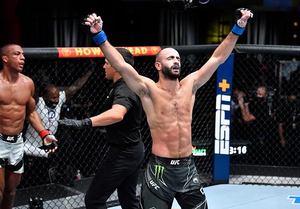 Giga Chikadze of Georgia reacts after his knockout victory over Edson Barboza of Brazil in a featherweight fight during the UFC Fight Night event at UFC APEX on August 28, 2021 in Las Vegas, Nevada. (Photo by Chris Unger/Zuffa LLC)