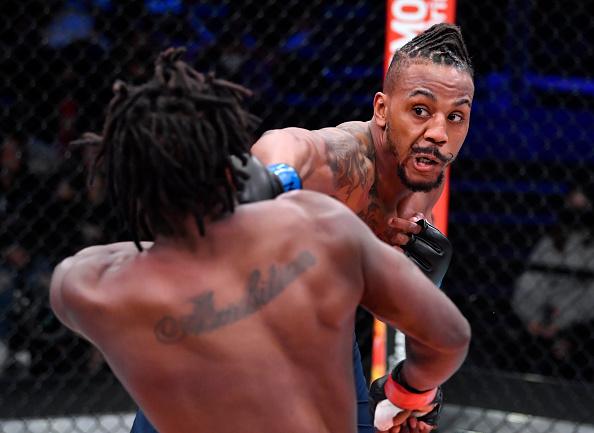 Joseph Holmes punches Shonte Barnes in a middleweight fight during Dana White's Contender Series season 5 week 6 at UFC APEX on October 05, 2021 in Las Vegas, Nevada. (Photo by Chris Unger/Zuffa LLC)
