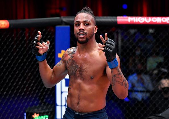 Joseph Holmes reacts after his submission victory over Shonte Barnes in a middleweight fight during Dana White's Contender Series season 5 week 6 at UFC APEX on October 05, 2021 in Las Vegas, Nevada. (Photo by Chris Unger/Zuffa LLC)