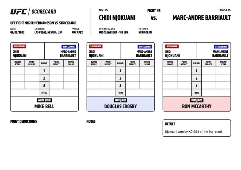 Official Result – Chidi Njokuani defeats Marc-Andre Barriault via TKO (strikes) at :16 of round one