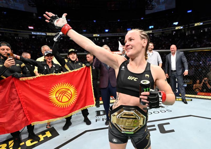 Valentina Shevchenko of Kyrgyzstan celebrates her knockout of Lauren Murphy in their UFC flyweight championship fight during the UFC 266 event on September 25, 2021 in Las Vegas, Nevada. (Photo by Jeff Bottari/Zuffa LLC)