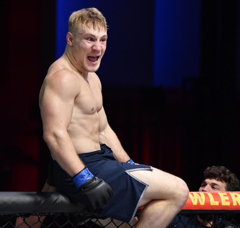 AJ Fletcher reacts after his knockout victory over Leonardo Damiani of Italy in their welterweight fight during Dana White's Contender Series season five week one at UFC APEX on August 31, 2021 in Las Vegas, Nevada. (Photo by Chris Unger/Zuffa LLC)