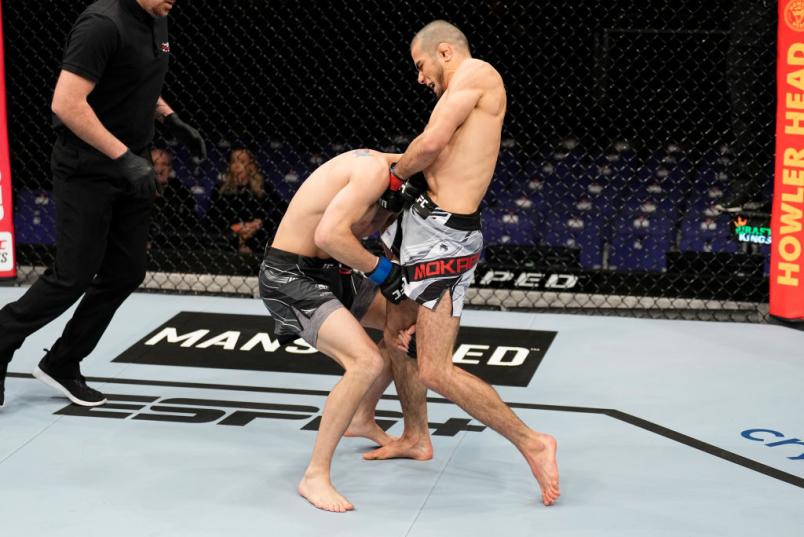 LONDON, ENGLAND - MARCH 19: (R-L) Muhammad Mokaev of England attempts to submit Cody Durden in a flyweight fight during the UFC Fight Night event at O2 Arena on March 19, 2022 in London, England. (Photo by Chris Unger/Zuffa LLC)