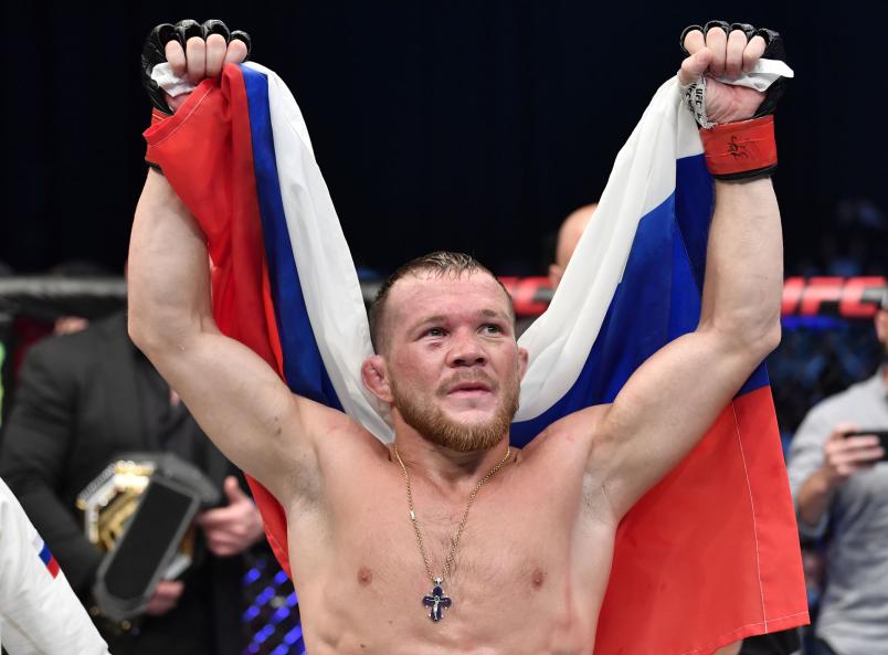 Petr Yan of Russia celebrates after his victory over Cory Sandhagen in the UFC interim bantamweight championship fight during the UFC 267 event at Etihad Arena on October 30, 2021 in Yas Island, Abu Dhabi, United Arab Emirates. (Photo by Chris Unger/Zuffa LLC)