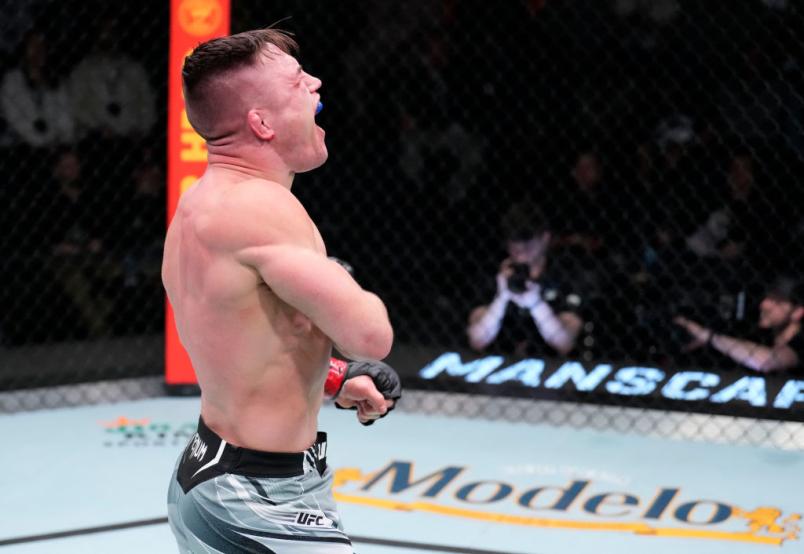 Drew Dober reacts after his victory over Terrance McKinney in their lightweight fight during the UFC Fight Night event at UFC APEX on March 12, 2022 in Las Vegas, Nevada. (Photo by Chris Unger/Zuffa LLC)