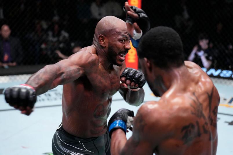 Khalil Rountree Jr. punches Karl Roberson in their light heavyweight fight during the UFC Fight Night event at UFC APEX on March 12, 2022 in Las Vegas, Nevada. (Photo by Chris Unger/Zuffa LLC)
