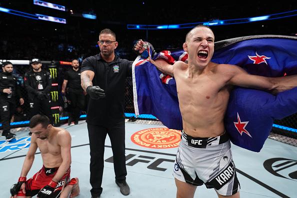 Kai Kara-France of New Zealand celebrates his victory over Askar Askarov of Russia in a flyweight fight during the UFC Fight Night event at Nationwide Arena on March 26, 2022 in Columbus, Ohio. (Photo by Josh Hedges/Zuffa LLC)