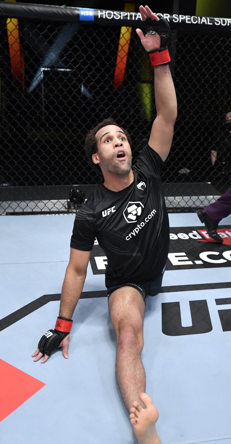 Jordan Leavitt celebrates after his victory over Matt Sayles in their lightweight fight during the UFC Fight Night event at UFC APEX on December 18, 2021 in Las Vegas, Nevada. (Photo by Jeff Bottari/Zuffa LLC)