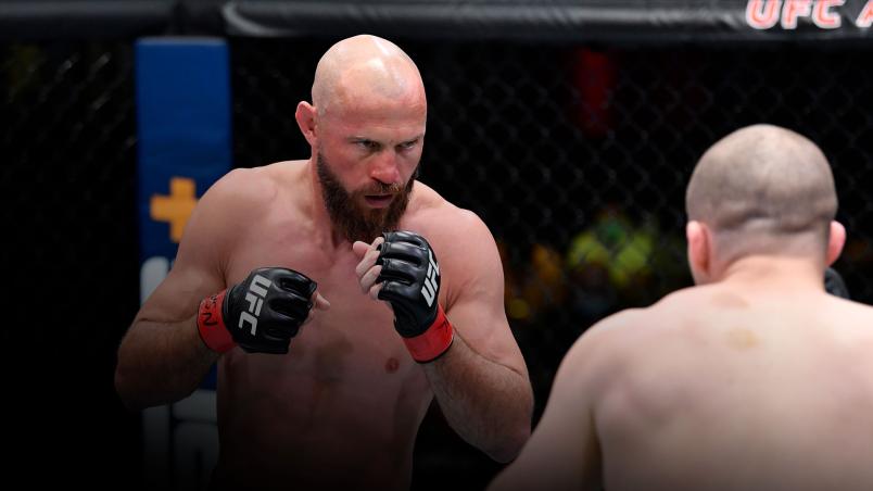 LAS VEGAS, NEVADA - MAY 08: (L-R) Donald 'Cowboy' Cerrone battles Alex Morono in a welterweight fight during the UFC Fight Night event at UFC APEX on May 08, 2021 in Las Vegas, Nevada. (Photo by Chris Unger/Zuffa LLC)