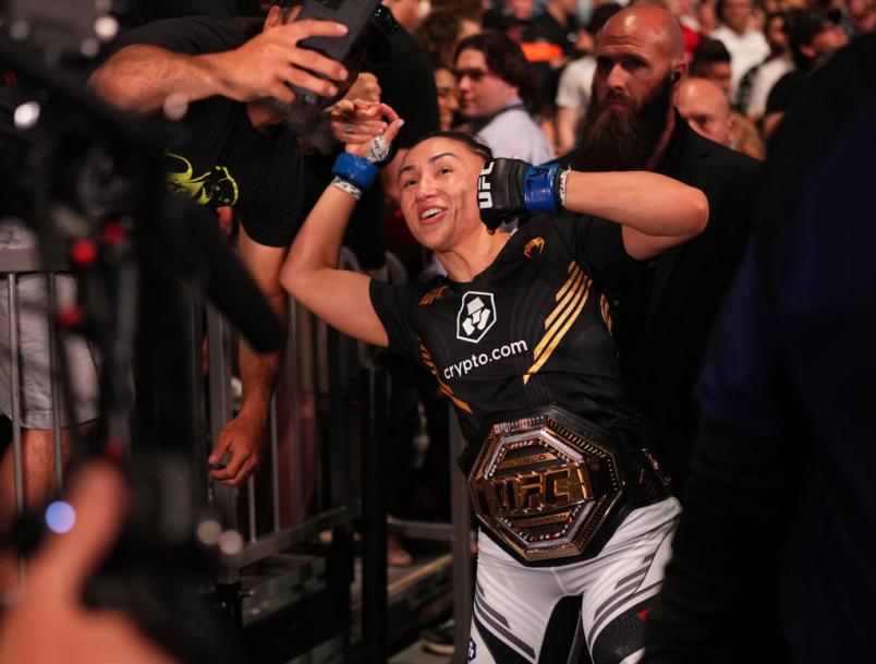 Carla Esparza reacts after her victory over Rose Namajunas during the UFC 274 event at Footprint Center on May 07, 2022 in Phoenix, Arizona. (Photo by Cooper Neill/Zuffa LLC