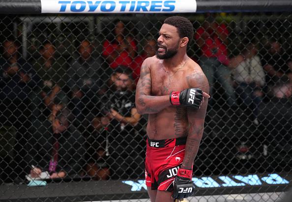 LAS VEGAS, NEVADA - MAY 14: Michael Johnson reacts after knocking out Alan Patrick of Brazil in a lightweight fight at UFC APEX on May 14, 2022 in Las Vegas, Nevada. (Photo by Jeff Bottari/Zuffa LLC)