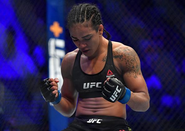 Viviane Araujo of Brazil reacts after the conclusion of her flyweight fight against Roxanne Modafferi during the UFC Fight Night event at Etihad Arena on UFC Fight Island on January 20, 2021 in Abu Dhabi, United Arab Emirates. (Photo by Chris Unger/Zuffa LLC)
