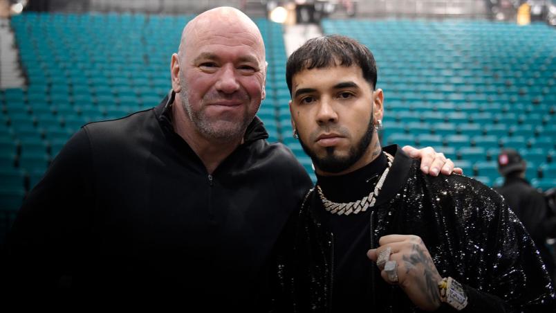 LAS VEGAS, NEVADA - DECEMBER 10: UFC president Dana White poses for a photo with Anuel AA backstage during the UFC 269 ceremonial weigh-in at MGM Grand Garden Arena on December 10, 2021 in Las Vegas, Nevada. (Photo by Chris Unger/Zuffa LLC)