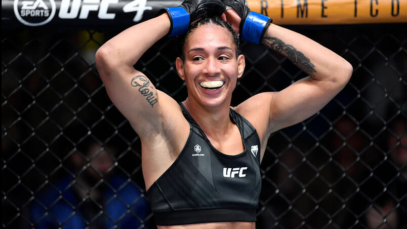 Taila Santos of Brazil reacts after her victory over Joanne Wood of Scotland in a flyweight fight during the UFC Fight Night event at UFC APEX on November 20, 2021 in Las Vegas, Nevada. (Photo by Chris Unger/Zuffa LLC)