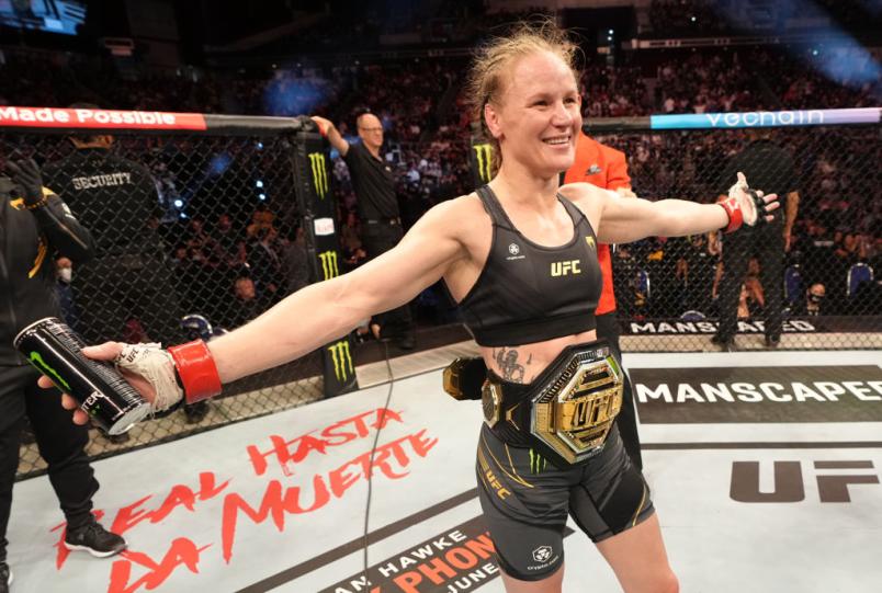 Valentina Shevchenko of Kyrgyzstan reacts after her split-decision victory over Taila Santos of Brazil in the UFC flyweight championship fight during the UFC 275 event at Singapore Indoor Stadium on June 12, 2022 in Singapore. (Photo by Jeff Bottari/Zuffa LLC)