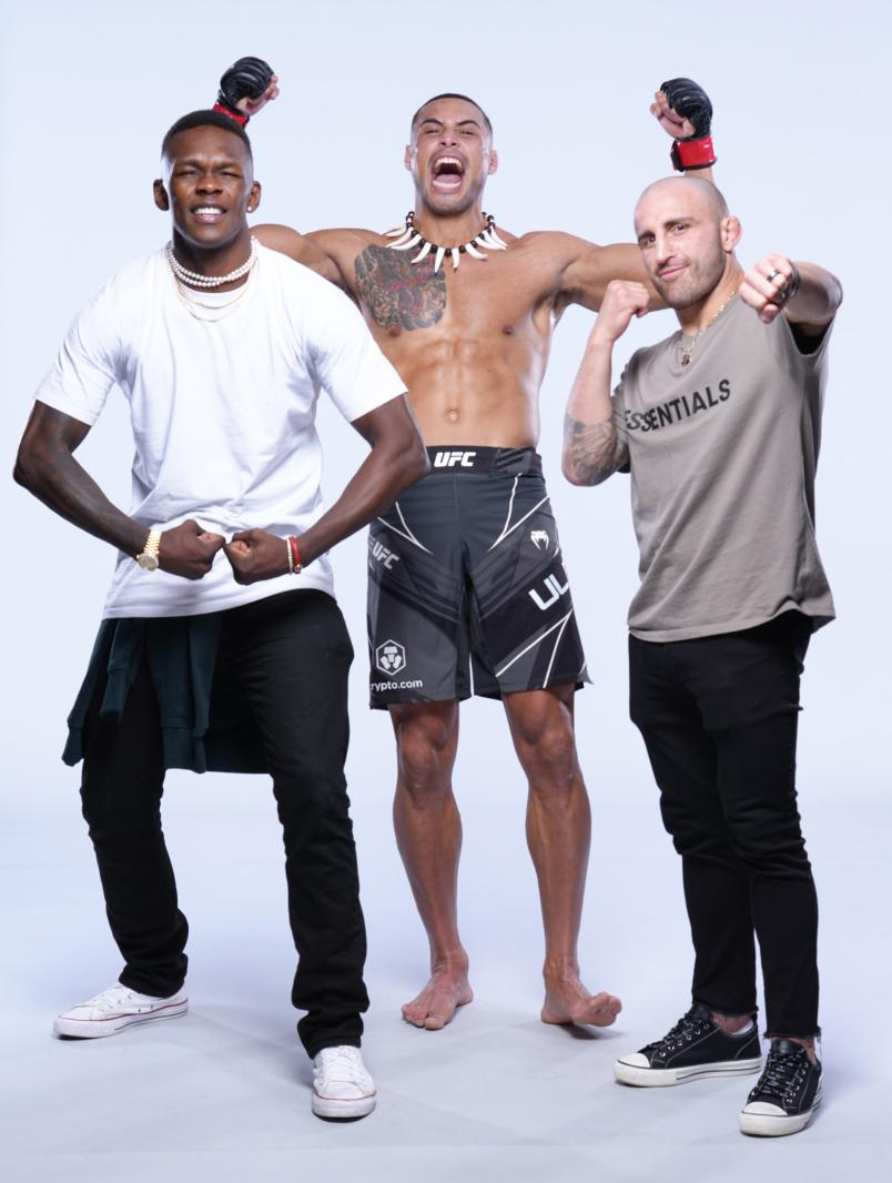 Carlos Ulberg of New Zealand poses for a portrait with teammates Israel Adesanya (L) and Alexander Volkanovski (R) after his victory during the UFC Fight Night event at UFC APEX on June 25, 2022 in Las Vegas, Nevada. (Photo by Todd Lussier/Zuffa LLC)